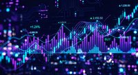 Financial data visualization with glowing purple and blue charts, graphs, and trading statistics on dark digital background for business analytics.
