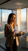 Professional businesswoman using futuristic holographic tablet technology in modern office with city skyline view during golden hour sunset.