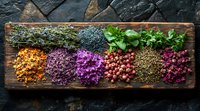 Colorful dried flowers, herbs and spices arranged on rustic wooden serving board against dark stone background. Natural food ingredients and aromatherapy concept.