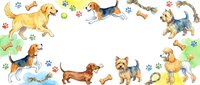 Watercolor dog breeds border frame with golden retriever, beagle, dachshund, yorkie, poodle, paw prints, bones, toys on white background.