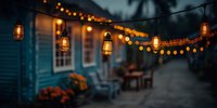 Cozy evening patio with vintage lanterns and string lights illuminating blue cottage exterior, creating warm ambiance for outdoor gatherings.