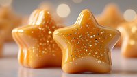 Golden caramel star-shaped candies with sparkling sugar crystals on white surface, sweet confectionery treats for dessert and celebration themes.