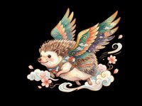 Cute flying hedgehog with ornate colorful wings in Asian art style, isolated on transparent background. Great for stickers, t-shirt design, print on demand, clipart, and sublimation.
