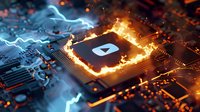 Burning processor chip with lightning effects on circuit board, dramatic orange flames and blue electric discharge against dark technology background.