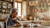 Senior woman with gray hair and warm smile sitting at kitchen table in rustic home interior, enjoying meal and natural light from window.