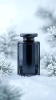 Elegant black glass perfume bottle on snowy winter background with frosted pine branches and delicate snowflakes creating luxurious holiday atmosphere.