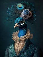 Elegant peacock character in vintage Victorian costume with ornate feathers and roses for fantasy art projects and creative designs.