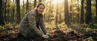 Young woman with light skin tone and blonde hair wearing glasses and brown jacket, crouching in forest soil during golden hour, engaged in environmental conservation or ecological research work.