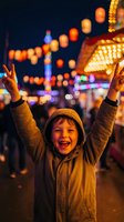 Happy child celebrating at night carnival with arms raised showing victory signs against colorful bokeh lights and festive atmosphere.