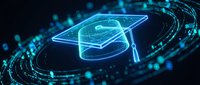 Digital graduation cap with glowing neon outline surrounded by futuristic data streams and particles on dark background for education technology concepts.