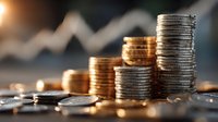 Stacks of golden coins arranged in ascending order with blurred upward trending arrow chart in background representing financial growth and investment success.