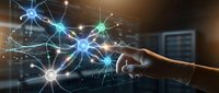 Hand touching digital network connections with glowing nodes and data links in modern technology concept for artificial intelligence and connectivity.