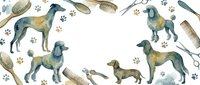 Watercolor dog breeds pattern with grooming tools, paw prints and brushes on white background. Seamless design for pet care, veterinary clinic decor.