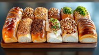 Fresh baked bread rolls with various toppings including sesame seeds, herbs and spices arranged on wooden serving board, appetizing golden crust.