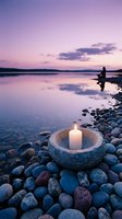 Peaceful meditation scene with burning candle in stone bowl on pebble beach at sunset. Silhouette person practicing yoga by calm lake with purple sky reflections.