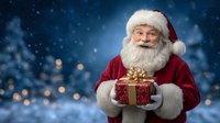 Jolly senior man in traditional red and white costume holding wrapped gift box against snowy winter night background with bokeh lights.