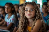 Young mixed race girl with long wavy hair in yellow top sitting at school desk, looking ahead with confident expression while diverse classmates study in background.