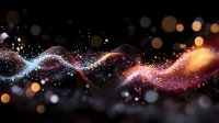 Glowing magical wave of sparkling particles flowing on dark background with bokeh lights creating ethereal cosmic effect. Suitable for abstract designs.
