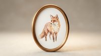 Red fox watercolor painting in elegant gold oval frame on neutral background for home decor and wall art display.