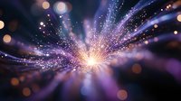 Magical light burst with glowing purple and gold particles radiating from center point against dark background, creating dreamy bokeh effect and ethereal atmosphere.