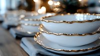 Elegant white porcelain plates with gold trim stacked in soft focus. Luxury tableware with decorative metallic edges creates dreamy bokeh effect in background.