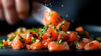 Fresh diced salmon with herbs and spices falling onto dark surface, dramatic lighting captures motion of seasoning and droplets in culinary preparation.