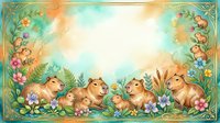 Watercolor capybara family surrounded by colorful flowers and lush greenery on a soft teal background with golden decorative border.