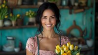 Young Asian woman with natural smile holding yellow tulip bouquet against turquoise kitchen background, casual spring lifestyle portrait with soft window lighting.