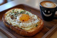 Sunny side up egg on toasted artisanal bread garnished with fresh herbs and black pepper, served alongside coffee with latte art in smiley face mug on wooden surface.
