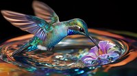 Vibrant hummingbird with iridescent blue-green feathers hovers over purple flower, creating ripples in water surface against dark background, wings spread in flight.
