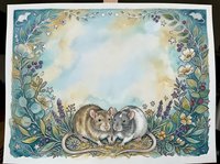 Watercolor floral frame with cute mice couple surrounded by botanical elements, leaves and flowers on textured background for greeting cards.