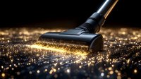 Vacuum cleaner head gliding over illuminated dust particles on dark surface with dramatic lighting creating magical sparkle effect for cleaning concept.