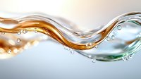 Flowing liquid waves in amber and turquoise colors with water drops and bubbles creating dynamic abstract pattern on light background. Suitable for cosmetic packaging.