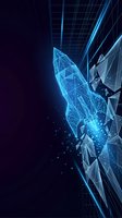 Glowing low poly rocket launching through a digital grid, breaking barriers with neon blue light trails on a dark background.