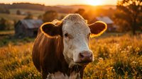 Hereford cow standing in a golden meadow at sunset with a rustic barn in the background, warm light glowing on farm landscape.