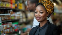 Young African woman wearing traditional headwrap in orange and black pattern smiles confidently in retail environment, showcasing cultural pride and professional presence.