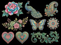 Ornate folk art clipart set with peacock, peony, butterfly, hearts, paisley, mandala star, and floral swirls, isolated on transparent background for stickers, sublimation, and t-shirt design.