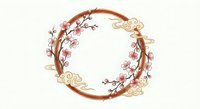Elegant circular wreath with blooming cherry blossom branches and decorative swirls on cream background, isolated design element for spring projects.