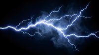 Powerful lightning bolts striking across dark stormy sky with electric blue light and dramatic cloud formations, suitable for weather, nature, and storm-related design projects.