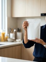 Woman holding blank white paper in modern kitchen, wearing navy blue shirt and gold bracelet, displaying document or message for advertising and marketing purposes.