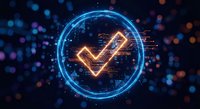 Glowing neon checkmark symbol in futuristic digital circle with bokeh lights background for technology and business success concepts.