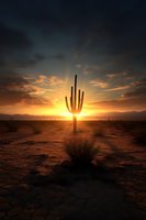 Majestic saguaro cactus silhouetted against dramatic desert sunset with golden sunburst, orange clouds and mountain backdrop in Arizona wilderness landscape.
