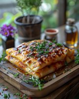 Grilled halloumi cheese with honey glaze and fresh herbs on wooden board, garnished with thyme and red pepper flakes. Rustic food styling with natural light.