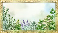 Watercolor herb garden border with rosemary, lavender, sage and parsley in ornate golden frame on textured paper background for botanical design projects.