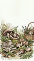 Watercolor mushroom foraging scene with wicker basket, ferns and forest fungi varieties on neutral background for autumn harvest designs.