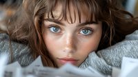 Young woman with bright blue eyes, freckles and brown hair lying on gray pillow, looking directly at camera with natural makeup and soft daylight illumination.