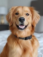 Happy Golden Retriever with friendly smile wearing black collar poses on light background, looking at camera. Close up portrait shows soft fur and expressive eyes.