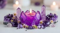Purple amethyst crystals surrounding lit candle with dried lavender flowers creating peaceful meditation and healing energy spa atmosphere for wellness.