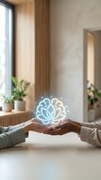 Hands holding glowing lotus flower hologram in modern wellness spa interior with natural light and plants for meditation and spiritual healing concepts.