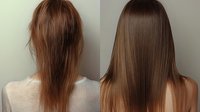 Before and after hair treatment comparison showing damaged, frizzy brown hair transformed into smooth, straight, healthy-looking locks against neutral background.